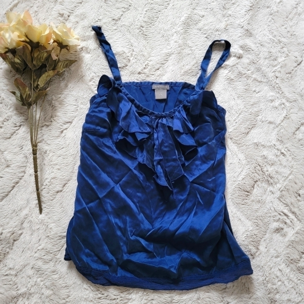 Ann Taylor 100% Silk Royal Blue Ruffle Accent Sleeveless Blouse Size 0